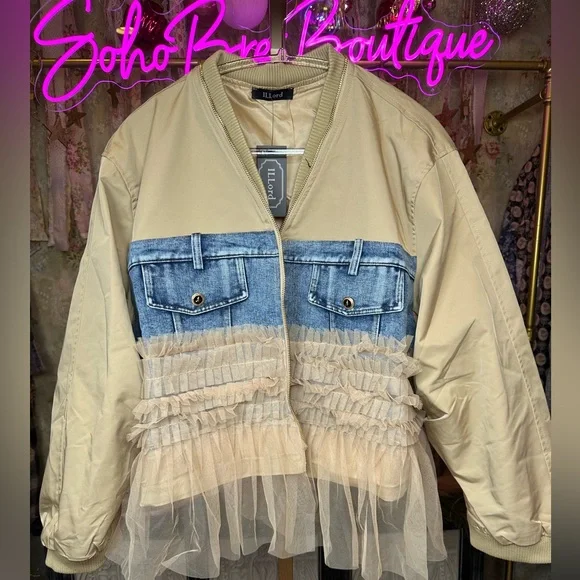 NWT Mesh Layer Bomber Jacket Denim and Tan Ruffle Jacket - Picture 2 of 13